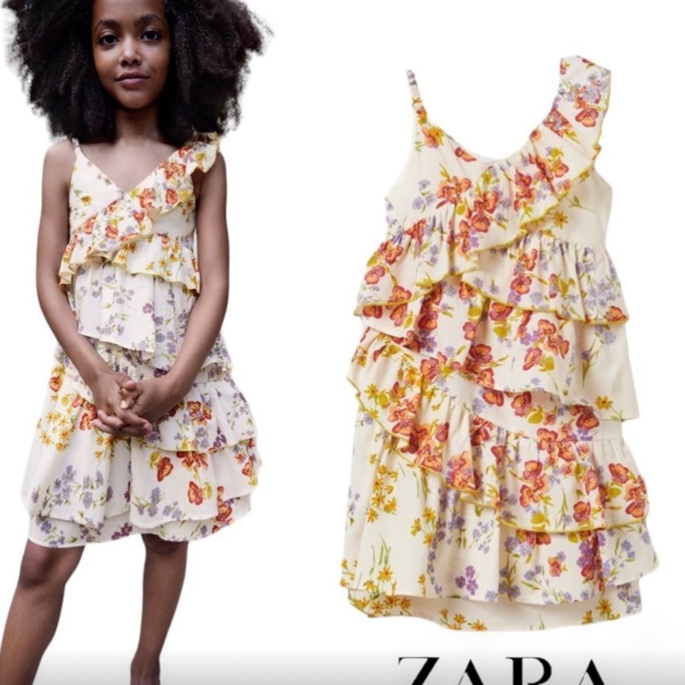 Zara Floral Ruffle Dress - Cream, Orange, Purple
